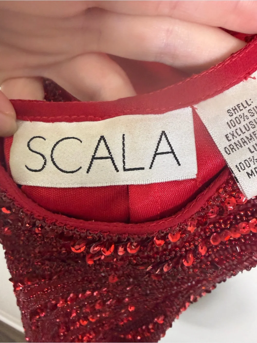 Scala 48608 Beaded V-neck Red Sequin Open Back Silk Mini Dress Size 4